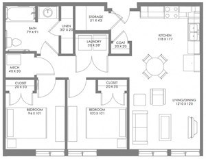 A floor plan of a house with labeled rooms and dimensions.